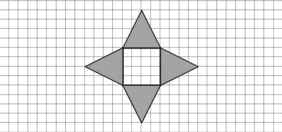 Graues Kreuz aus vier Dreiecken um ein quadratisches Zentrum auf kariertem Hintergrund.